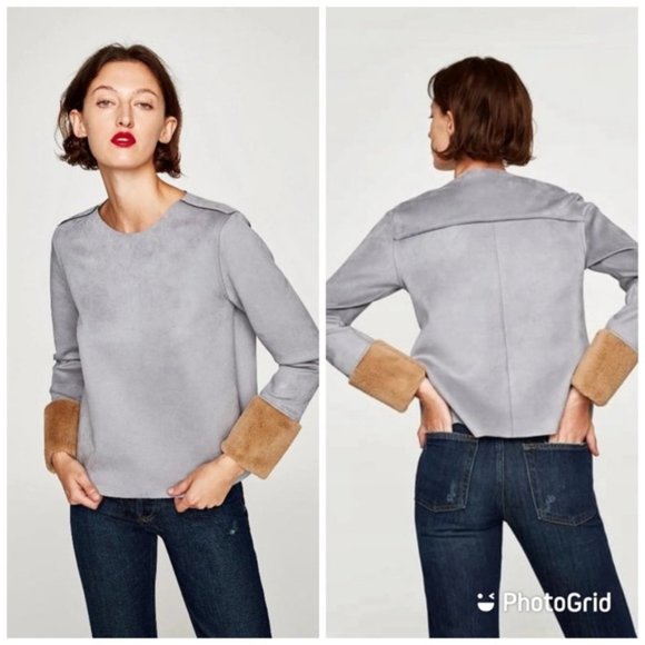 Zara Gray and Tan Blouse - Picture 2 of 11